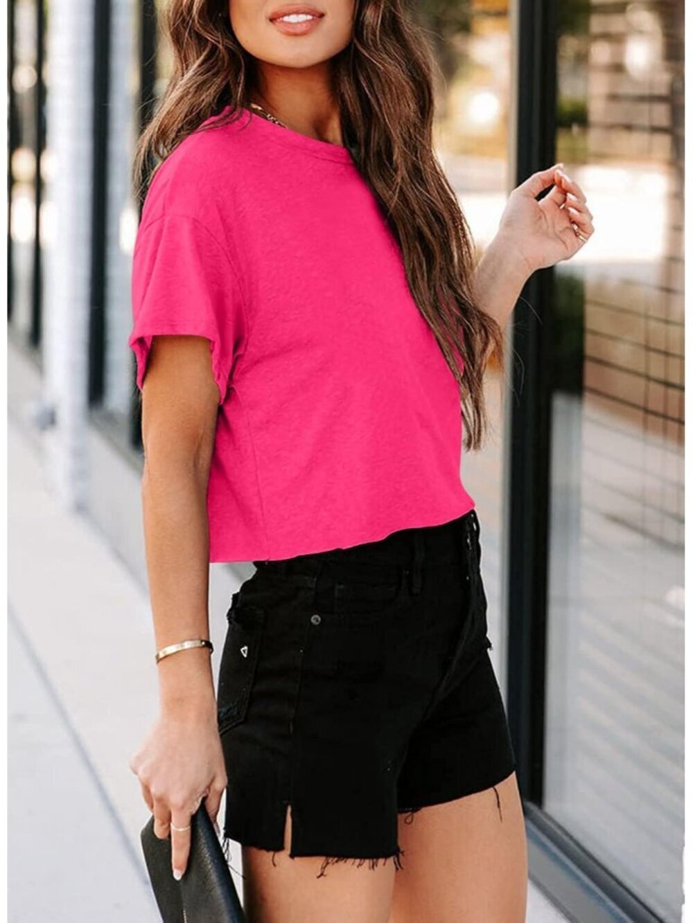 〽️Women's Hot Pink Short Sleeve Crew Neck Loose Casual Drop Shoulder Crop Tops